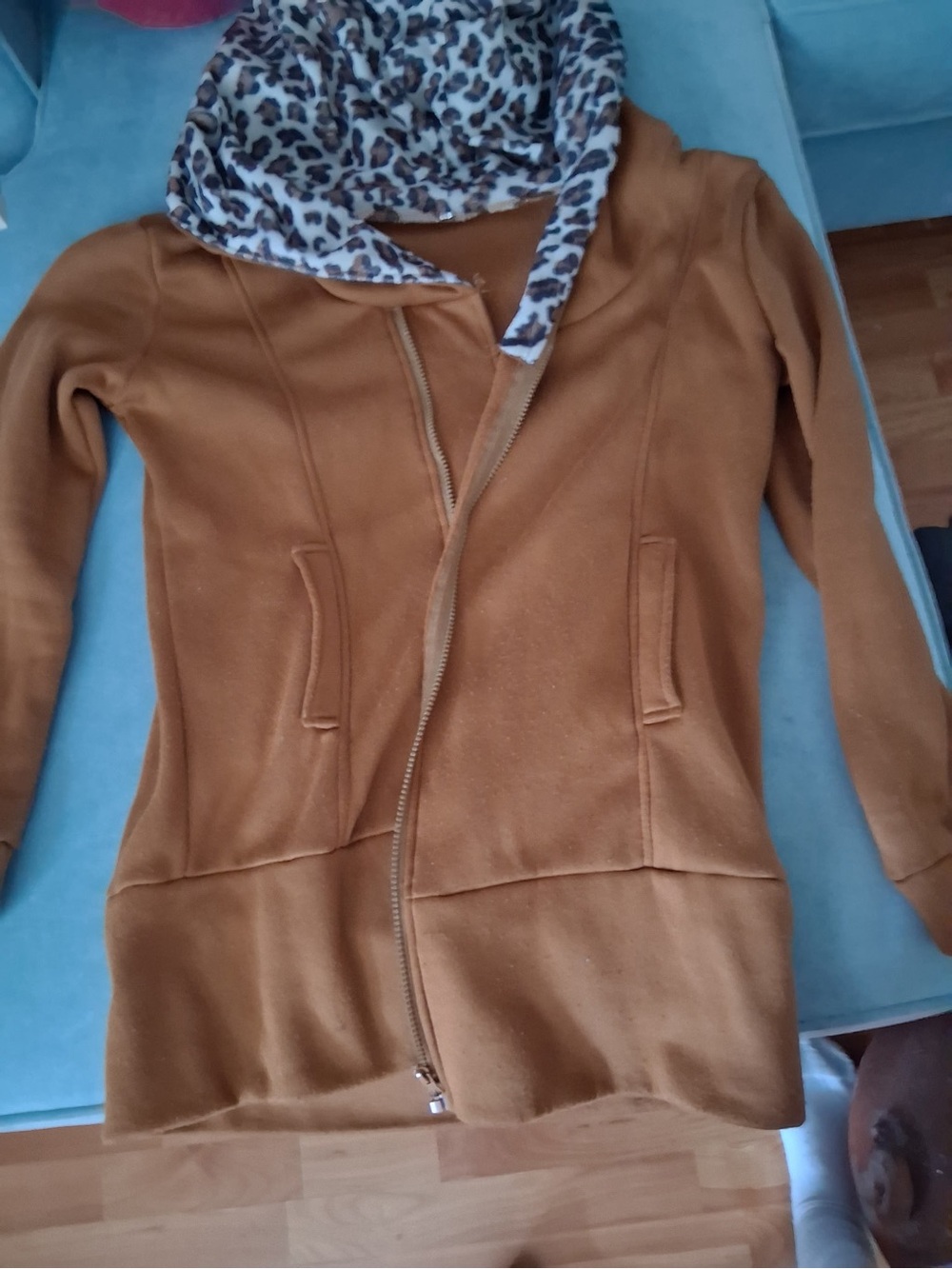 Women's Tan Hooded Zipper Top with Leopard Print Lining